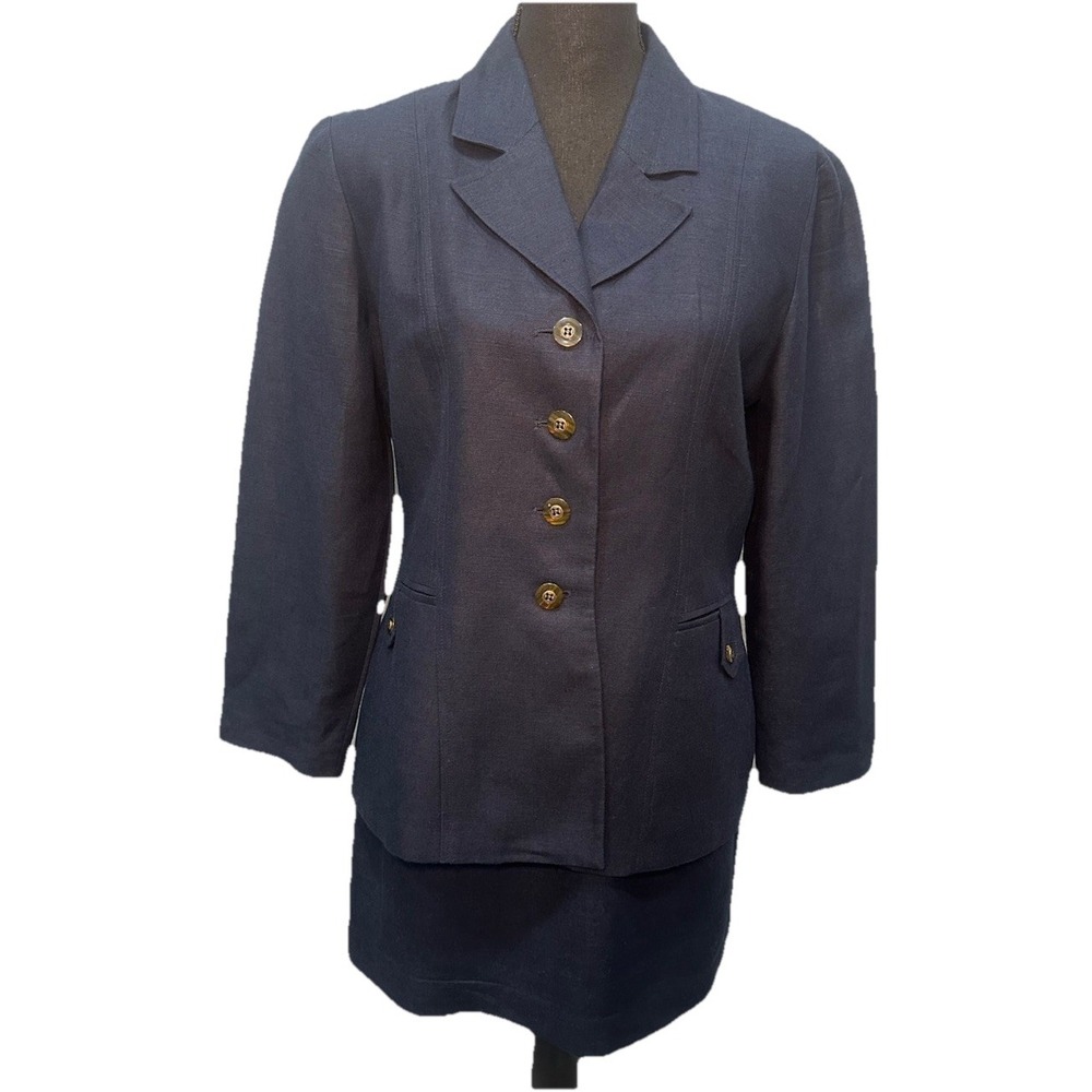 M.T. Morgan Miller 2pc Suit Set Skirt & Blazer Size 8 Dark Blue Lined Button Up
